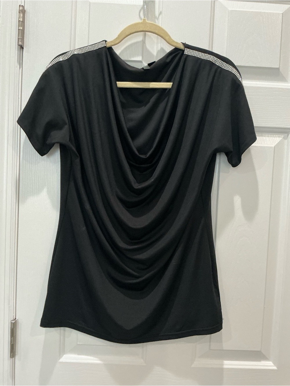 Black rhinestone shoulder cowl neck top size small